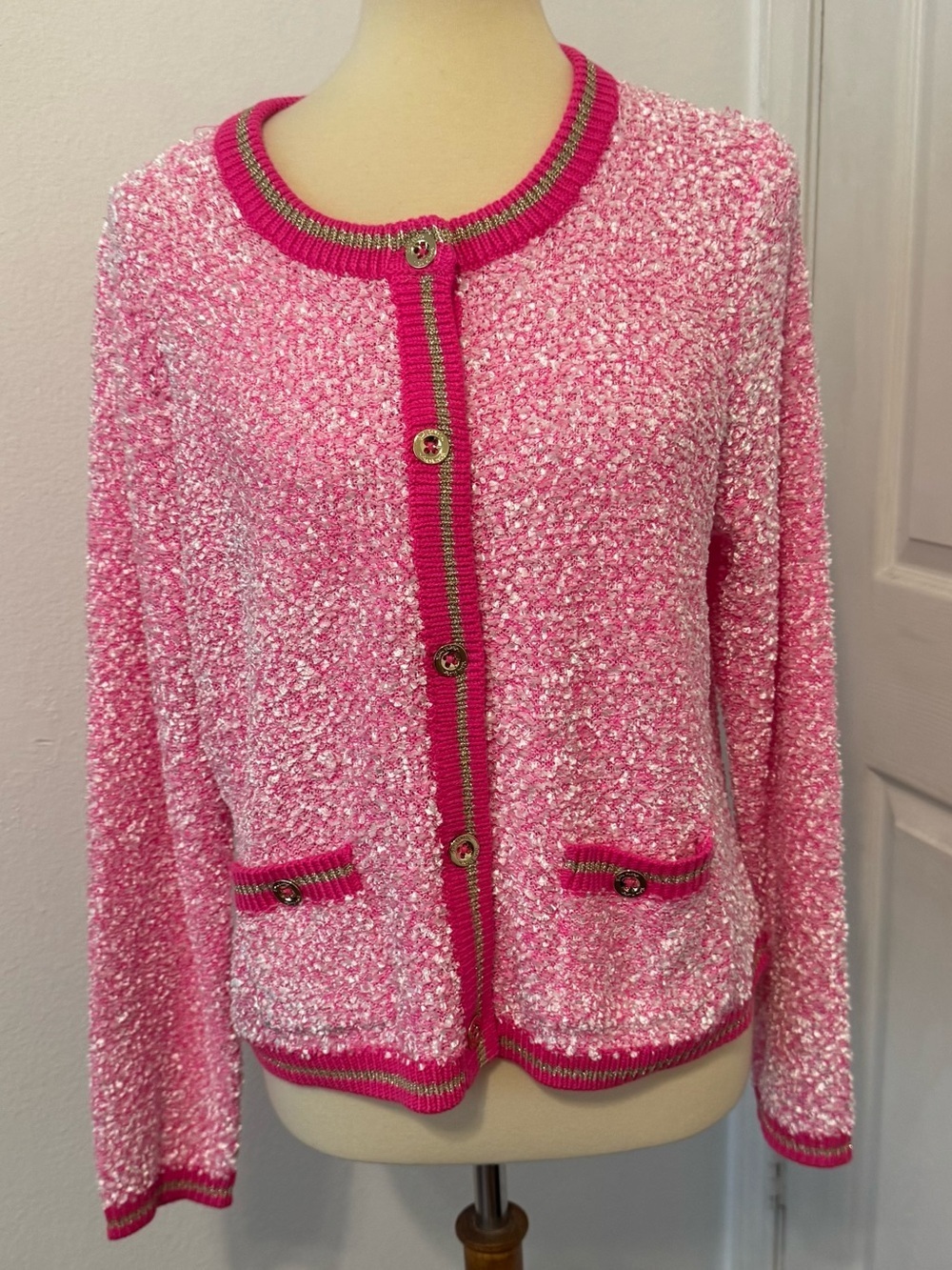 Lilly Pulitzer PINK ISLE KEMSLEY CARDIGAN Boucle Old Money Preppy Luxe NWT XL